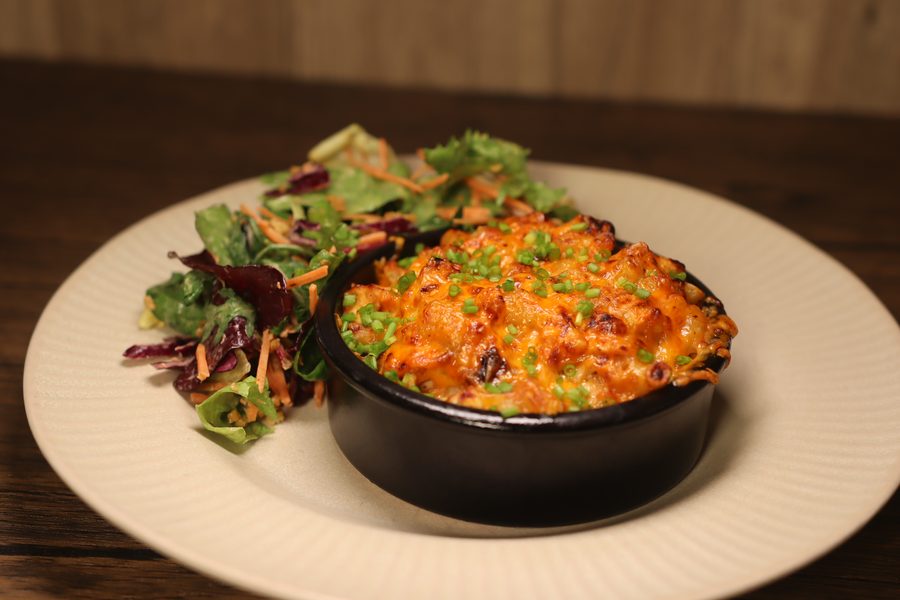 Korean mac and cheese with salad