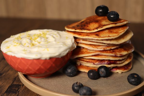 Stack of lemon and blueberry pancakes