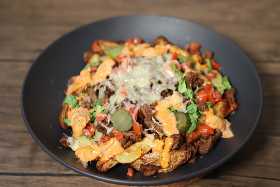 Loaded burger fries with cheese sauce